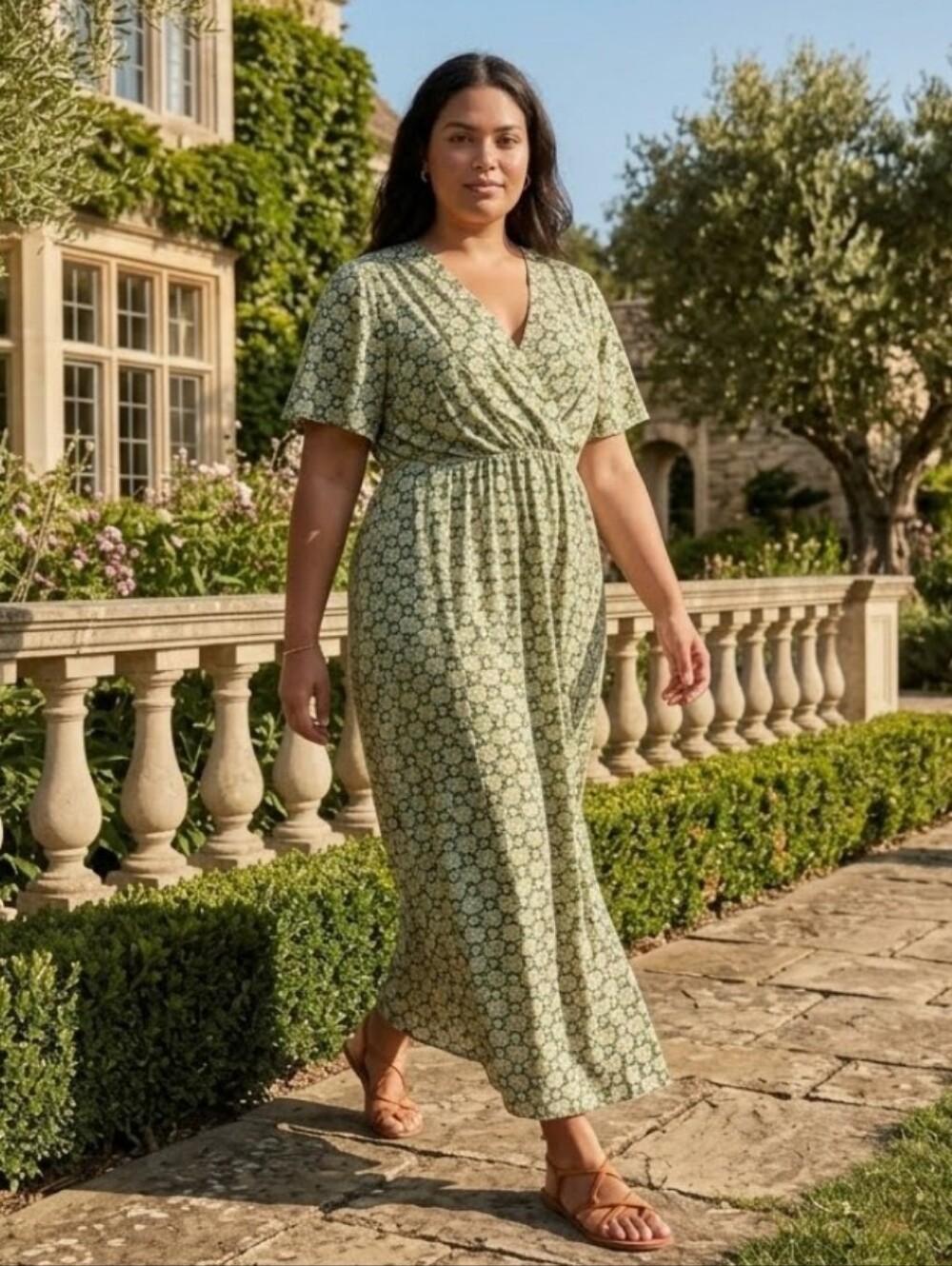 ⭐️2/$30⭐️ Luxology Olive & Cream Floral Geometric Faux Wrap Maxi Dress Large